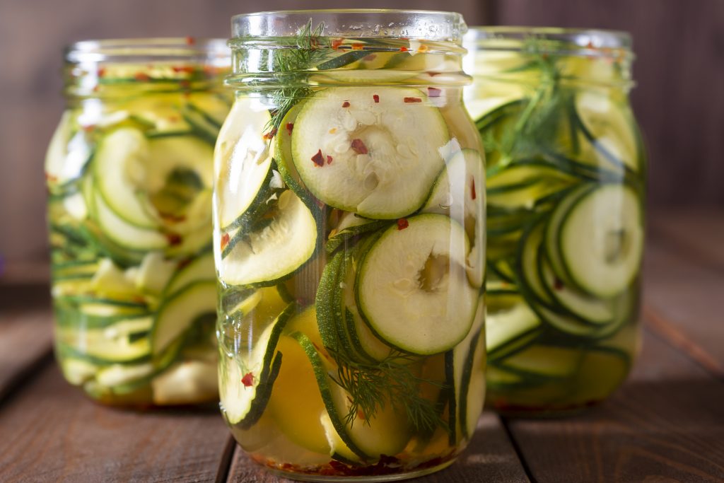 Pickled Zucchini in Mason Jars with Dill, Crushed Red Pepper and Garlic
