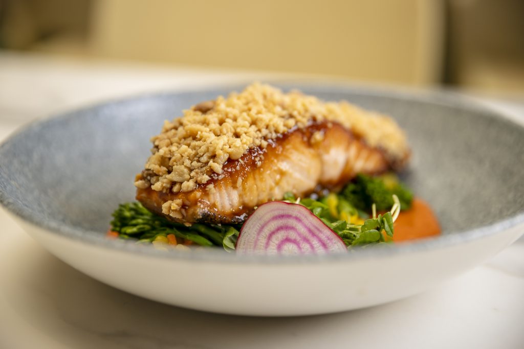 Macadamia crusted salmon at Garden Kitchen & Bar restaurant