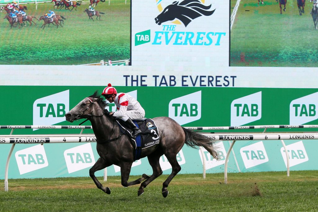 A horse thunders past at The TAB Everest at Royal Randwick Racecourse